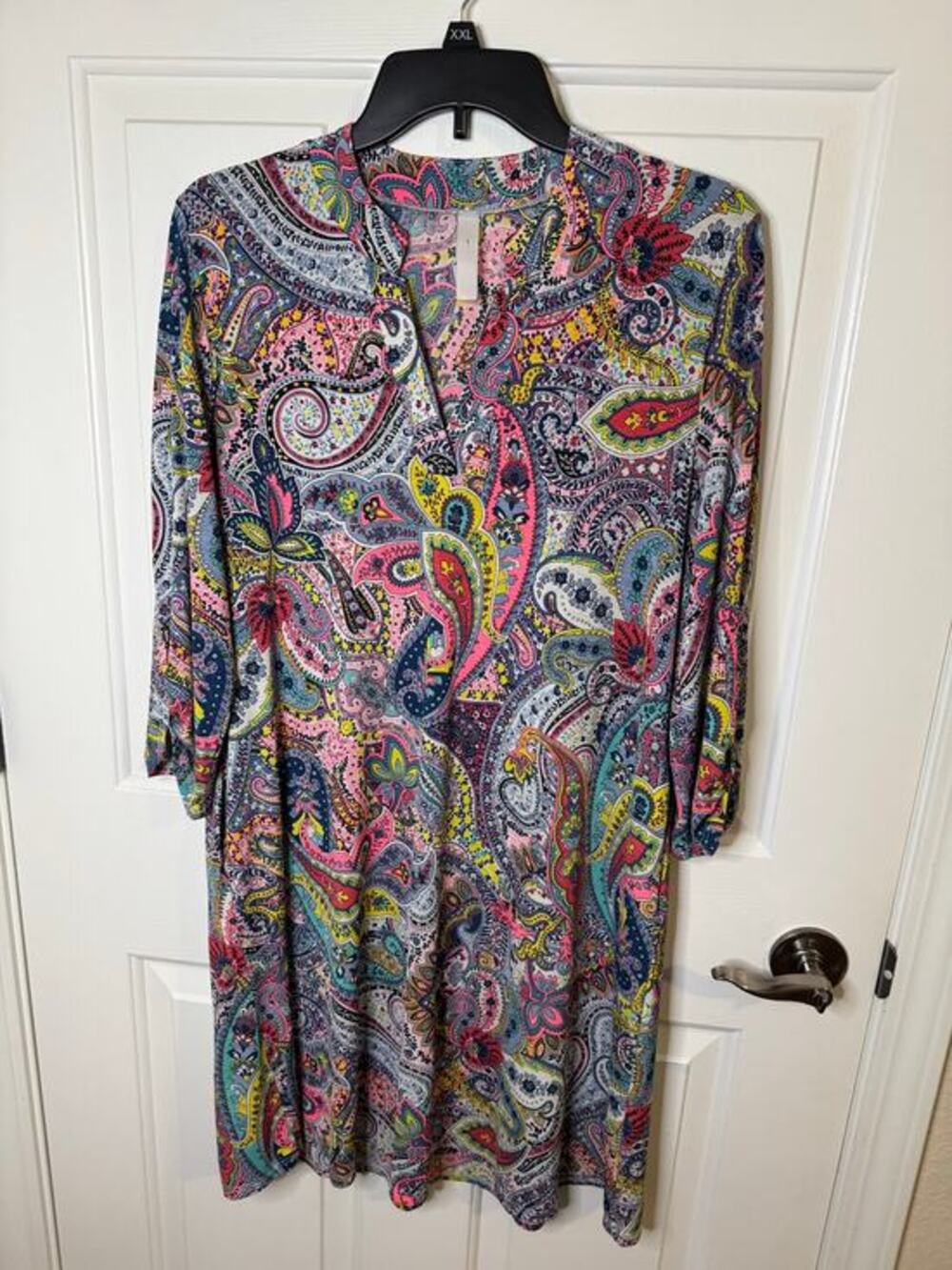Tacera Fit and Flare Dress Stretch Swing Notch Neckline Pink Blue Paisley L